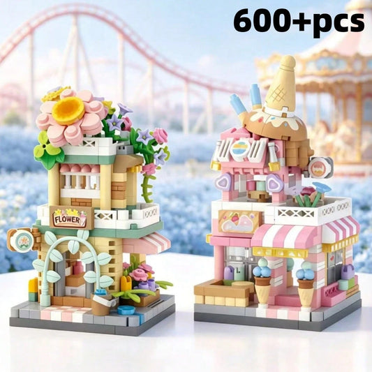 4 Styles 1000+ Pieces New Creative Animal Theme Street Scene, Cute Cat Pet Shop, Fruit Shop, Coffee Shop, Candy Shop, Gourmet, Adorable Design, Perfect As Desktop Decoration, Window Display Collection