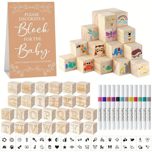 49 Shower Block Decoration Game Kit Includes 26 ABC Blocks With Letters A-Z On One Side And Blank DIY On Five Sides, 12 Fabric Pens, 1 Game Logo