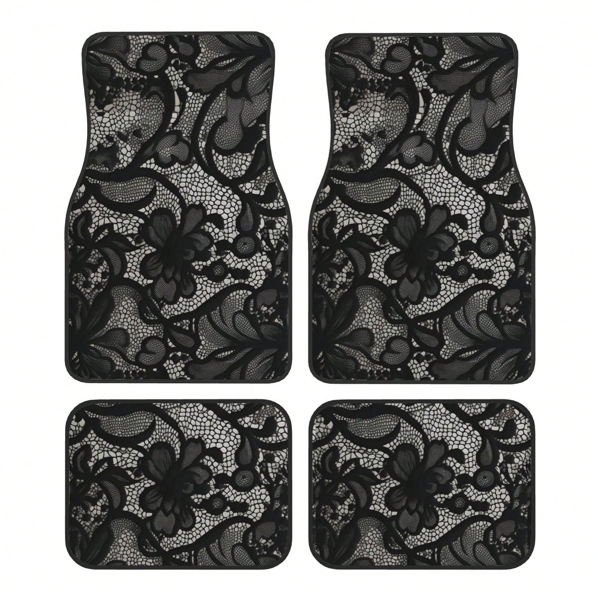 4pcs Black Lace Pattern Car Floor Mats| Stylish, Easy To Clean, Universal Fit For All Vehicle Models, Durable Polyester Fiber, Long Lasting Protection, Enhances Driving Pleasure, Perfect Gift For