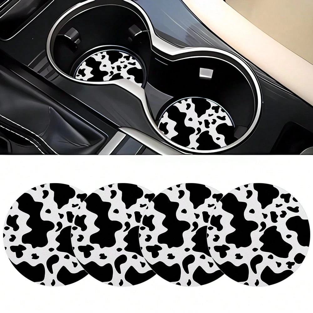 4PCS Cow Pattern Car Accessories Coaster 2.75-Inch Car Interior Coaster Fashionable Decoration Water Cup Mat, PU Leather Car Decoration Water Cup Mat, Beverage Mat Beautiful Coaster, Gift For Family A