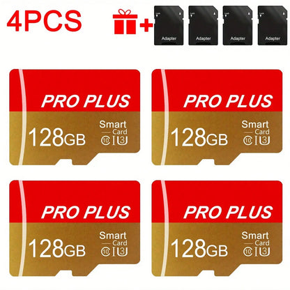 4pcs High-Speed U3 C10 A1 Memory Cards With Adapter- 128GB, 256GB, 512MB, 256MB, 128MB, 64MB For Tablets, Cameras, Phones, Car Audio- Secure File Storage, No Battery Needed, Camera Storage Solution