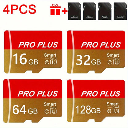 4pcs High-Speed U3 C10 A1 Memory Cards With Adapter- 128GB, 256GB, 512MB, 256MB, 128MB, 64MB For Tablets, Cameras, Phones, Car Audio- Secure File Storage, No Battery Needed, Camera Storage Solution