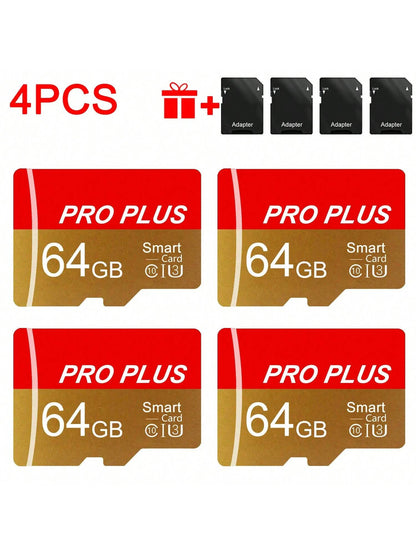 4pcs High-Speed U3 C10 A1 Memory Cards With Adapter- 128GB, 256GB, 512MB, 256MB, 128MB, 64MB For Tablets, Cameras, Phones, Car Audio- Secure File Storage, No Battery Needed, Camera Storage Solution