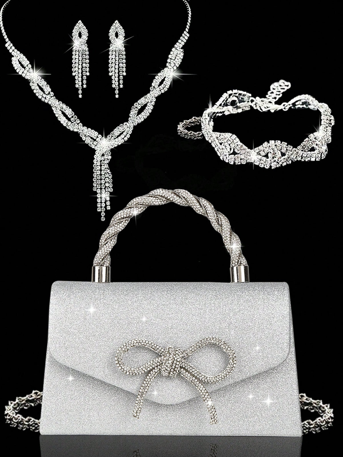 4pcs Luxury Sparkling Women's Jewelry Set, Formal Party Handbag With Rhinestone Bow Decor, Bridal Wedding Gift Set, Suitable For Party, Wedding, Prom, Gala