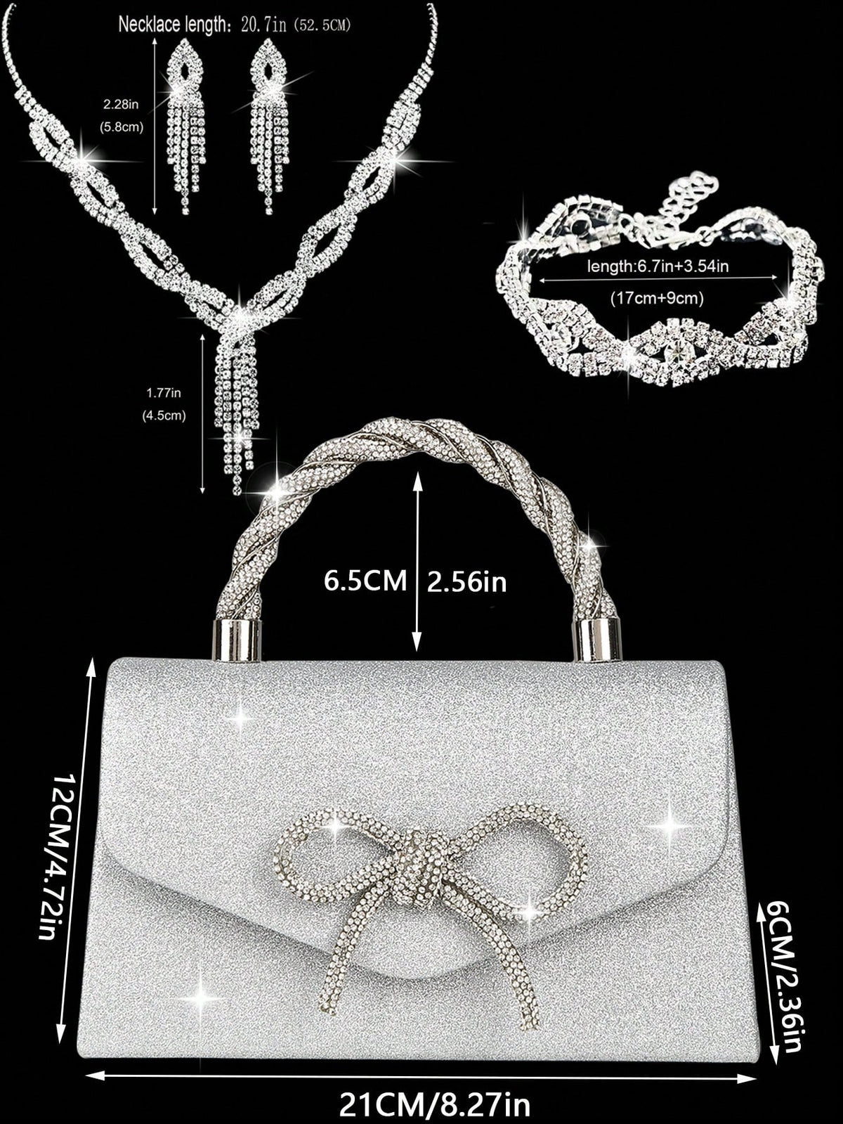 4pcs Luxury Sparkling Women's Jewelry Set, Formal Party Handbag With Rhinestone Bow Decor, Bridal Wedding Gift Set, Suitable For Party, Wedding, Prom, Gala