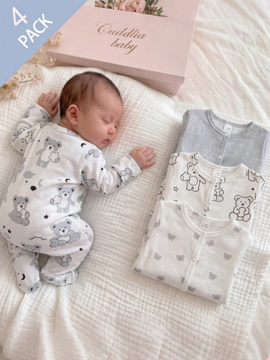 4pcs Newborn Baby Bear Pattern White Khaki Romper Set,Long Sleeve Footed Jumpsuit Pajamas,Autumn Cute Graphic Winter Home Wear,Family Matching Clothes