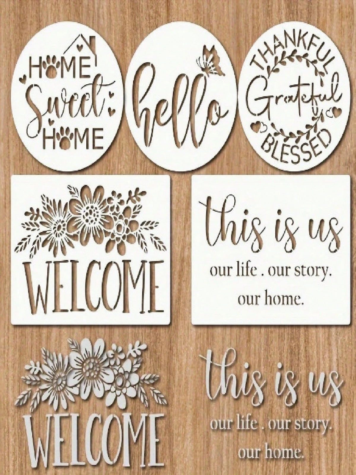 4pcs Sweet Home Decor Stencils- Floral & Heart Art Font Templates, 9.1 Inch Washable Reusable Flexible Painting Stencils, Suitable For Furniture, Doors & Windows, Fabric, DIY Crafts