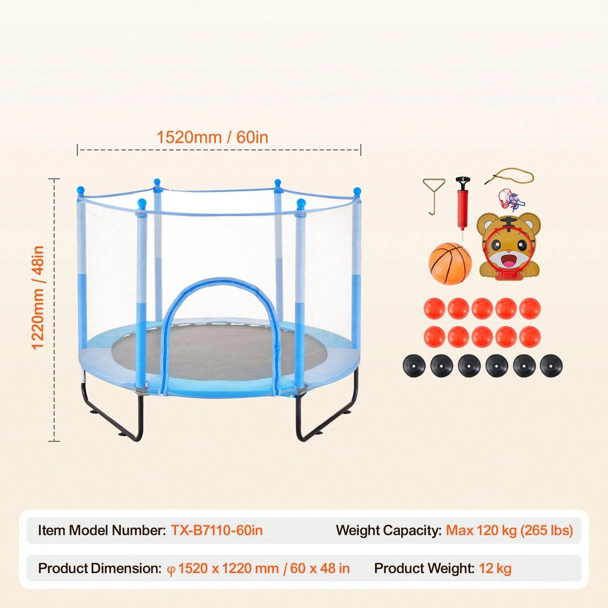 60" Kids Trampoline, 5FT Indoor Outdoor Trampoline, Mini Toddler Recreational Trampolinewith Safety Enclosure Net And Basketball Hoop, Birthday Gifts Christmas Toys For 3+ Years Children, Blue
