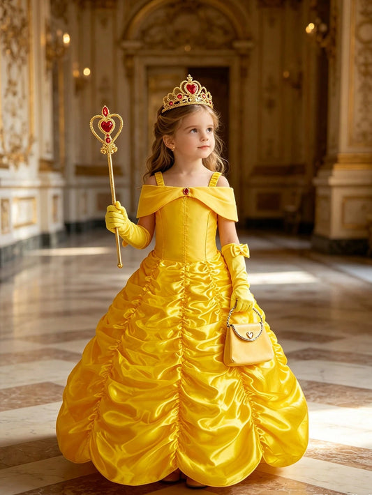 6pcs/Set Girls Yellow Sleeveless Pleated Dress, Gloves, Crown, Magic Wand, Handbag, Princess Costume Set, Children Role Play Outfit, Party Carnival Stage Performance Wear