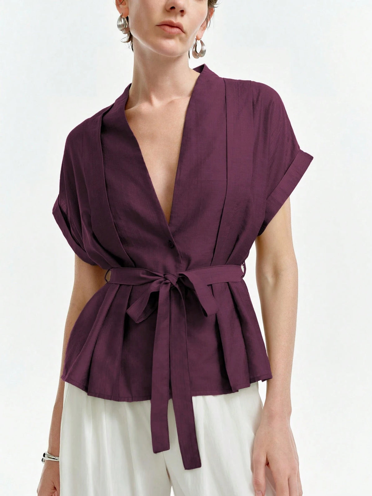 Aalyst Women's Casual V-Neck Pleated Shoulder Turnup Sleeve Short Sleeve Linen Blouse, Spring/Summer