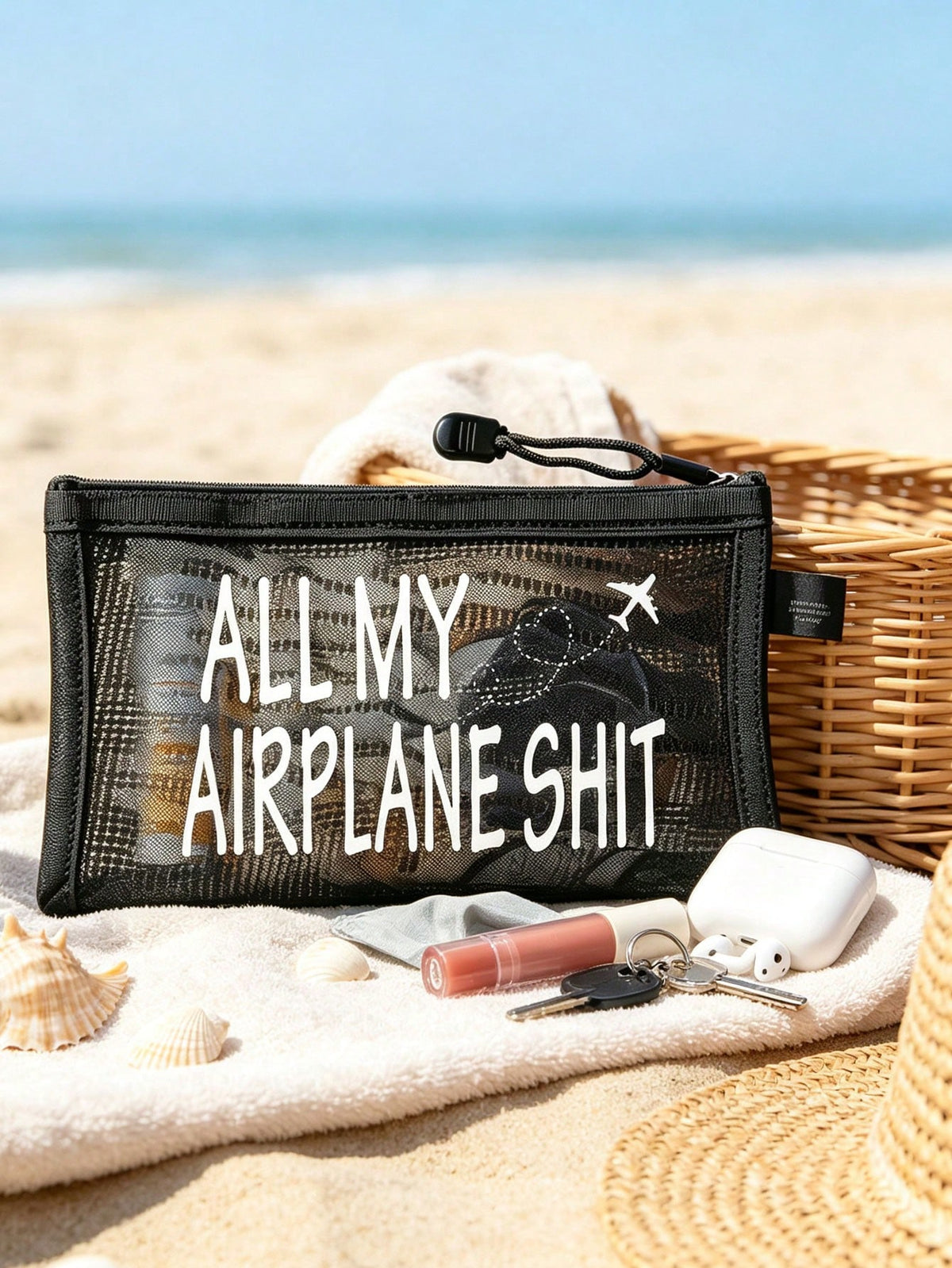 Airplane Theme Mesh Document Storage Bag/Passport Organizer, Multiple Airplane Route, Travel Element & English Letter Prints, Thickened Transparent Mesh Fabric, Large Capacity With Visible Storage, Sm
