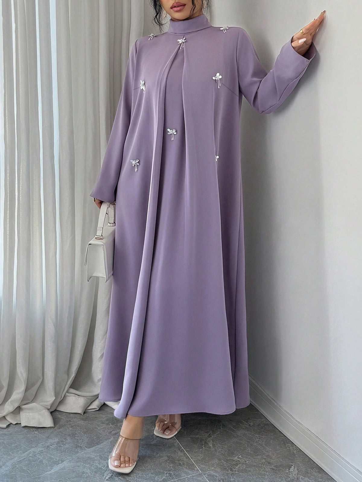 Al Najma Plus Size Women's Rhinestone Decor High Neck Long Sleeve Arabic Style Dress