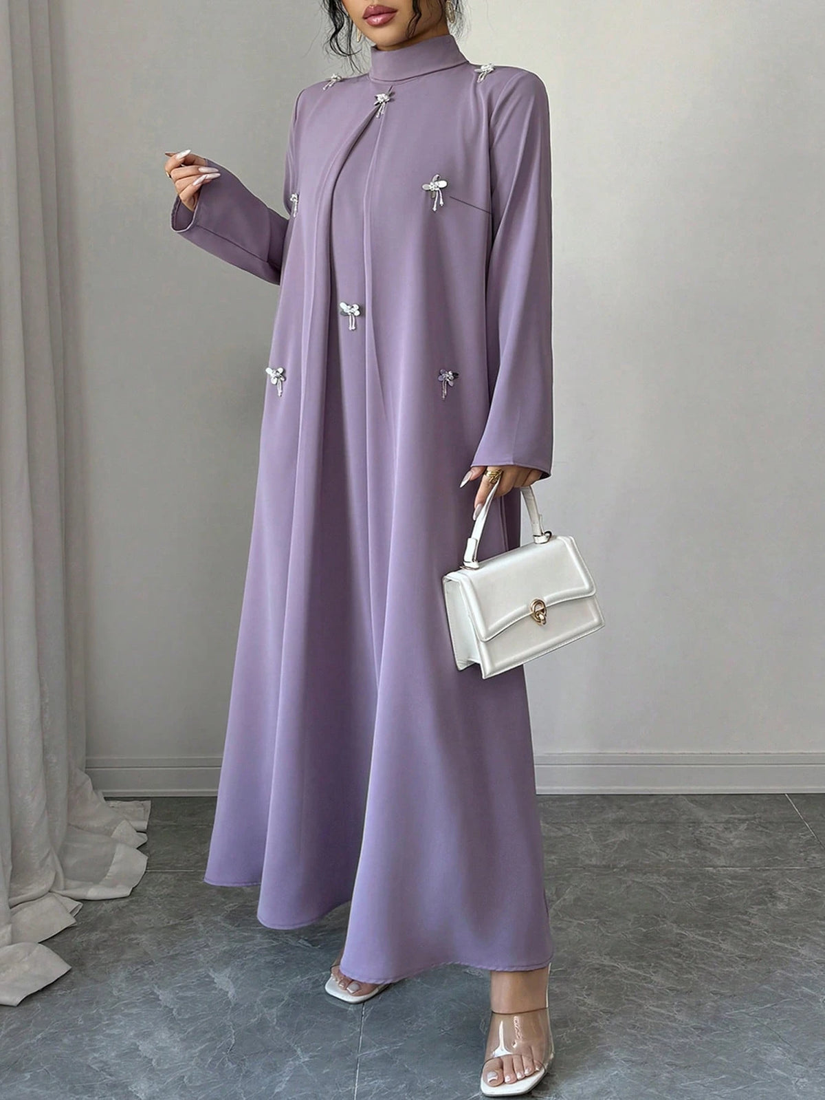 Al Najma Plus Size Women's Rhinestone Decor High Neck Long Sleeve Arabic Style Dress