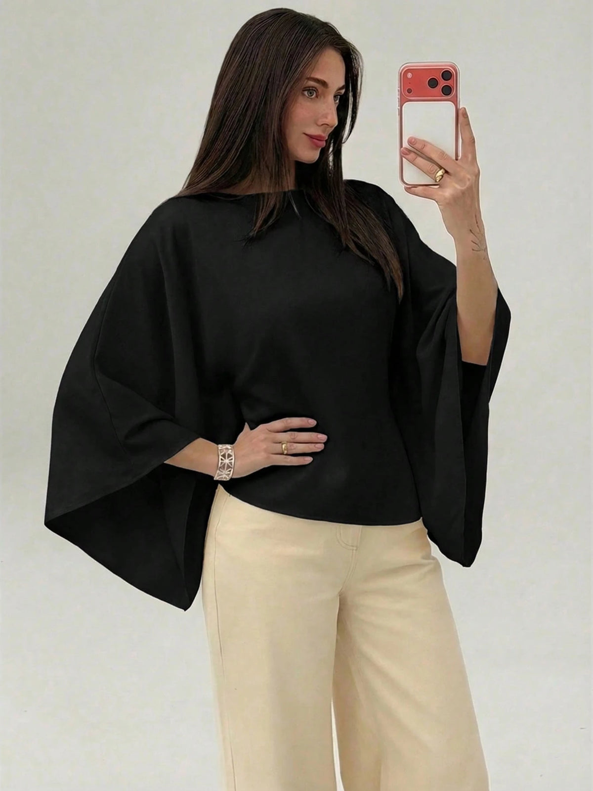 Aloruh Boat Neck Voluminous Sleeve Cinched Waist Commuter Shirt