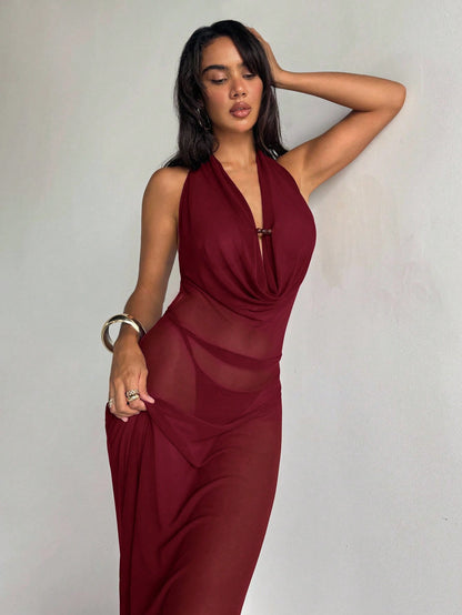 Aloruh Women's Vacation Dress, Solid Eggplant Purple, Plunging Draped Neck, Sexy Elegant Halter Backless Dress, Women's Coverup, Women's Beachwear