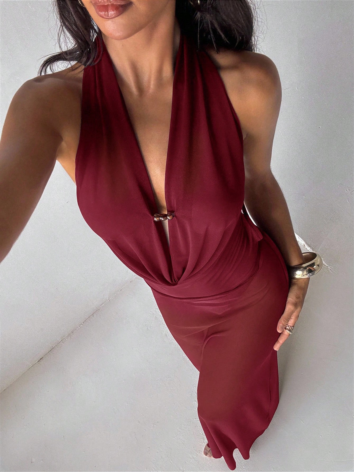 Aloruh Women's Vacation Dress, Solid Eggplant Purple, Plunging Draped Neck, Sexy Elegant Halter Backless Dress, Women's Coverup, Women's Beachwear