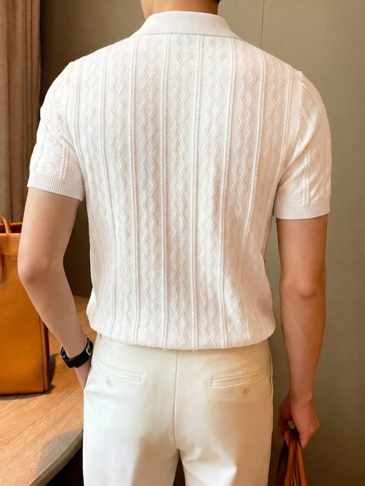 ALTZTAR Men's Short Sleeve Knitted Cable Texture Polo Collar Top