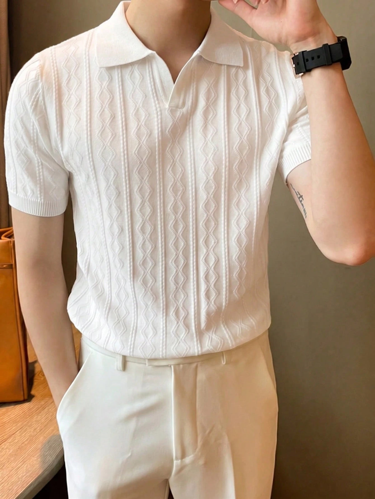 ALTZTAR Men's Short Sleeve Knitted Cable Texture Polo Collar Top