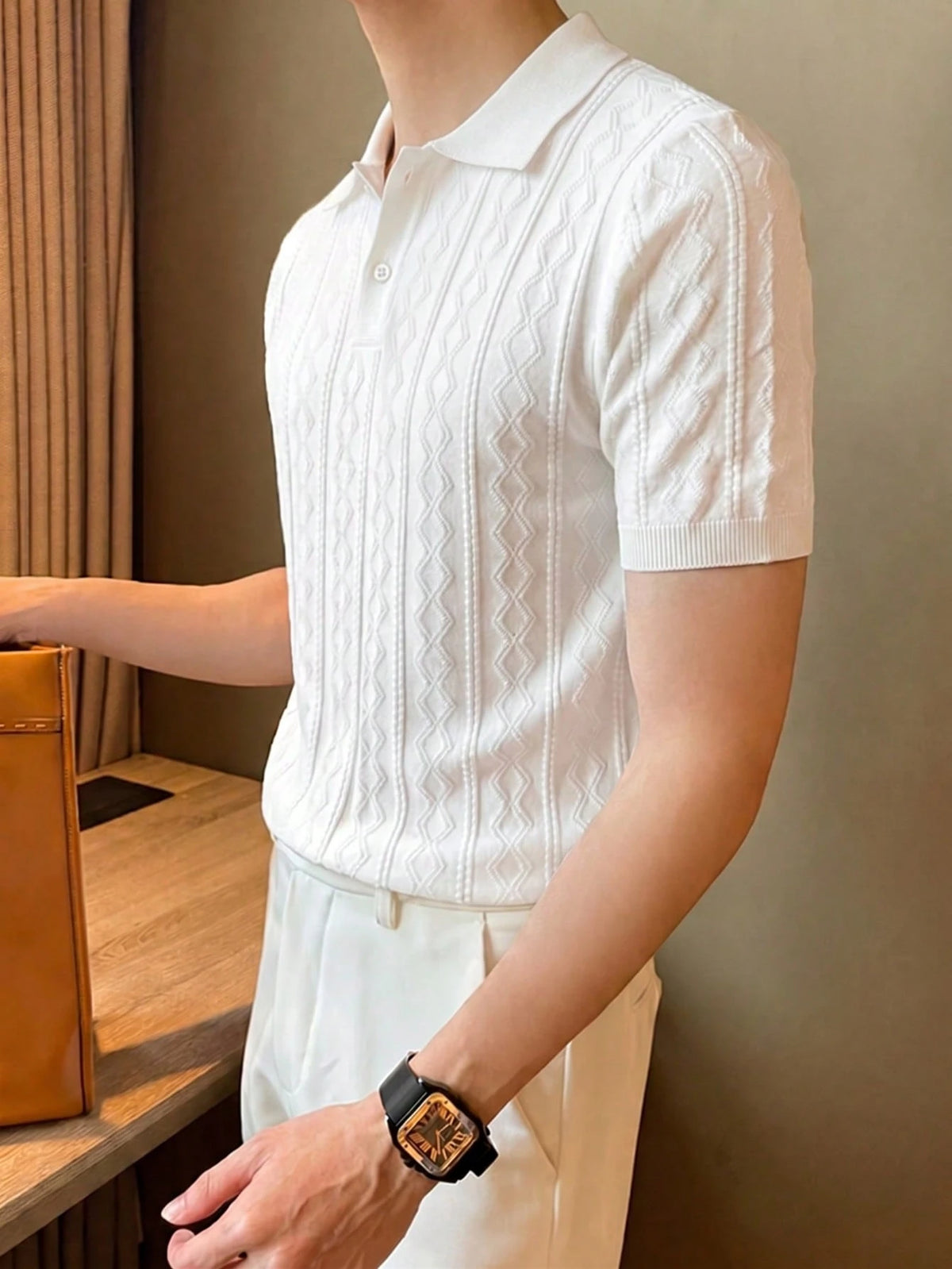 ALTZTAR Men's Short Sleeve Knitted Cable Texture Polo Collar Top