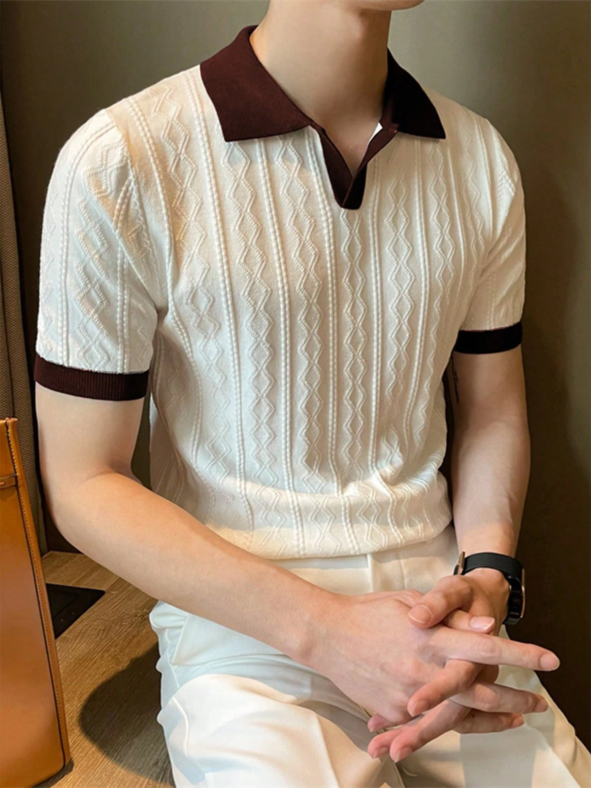 ALTZTAR Men's Short Sleeve Knitted Cable Texture Polo Collar Top