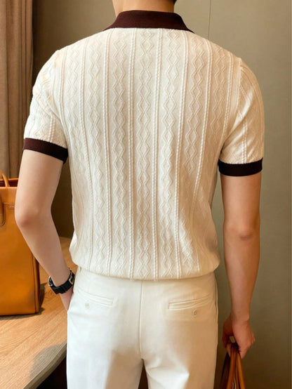 ALTZTAR Men's Short Sleeve Knitted Cable Texture Polo Collar Top