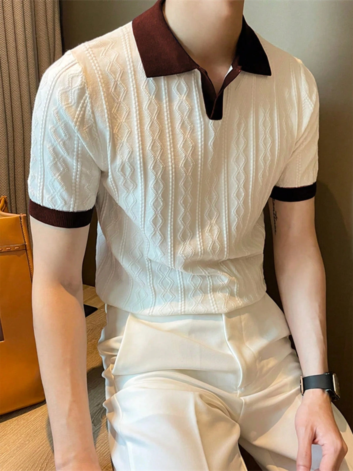 ALTZTAR Men's Short Sleeve Knitted Cable Texture Polo Collar Top