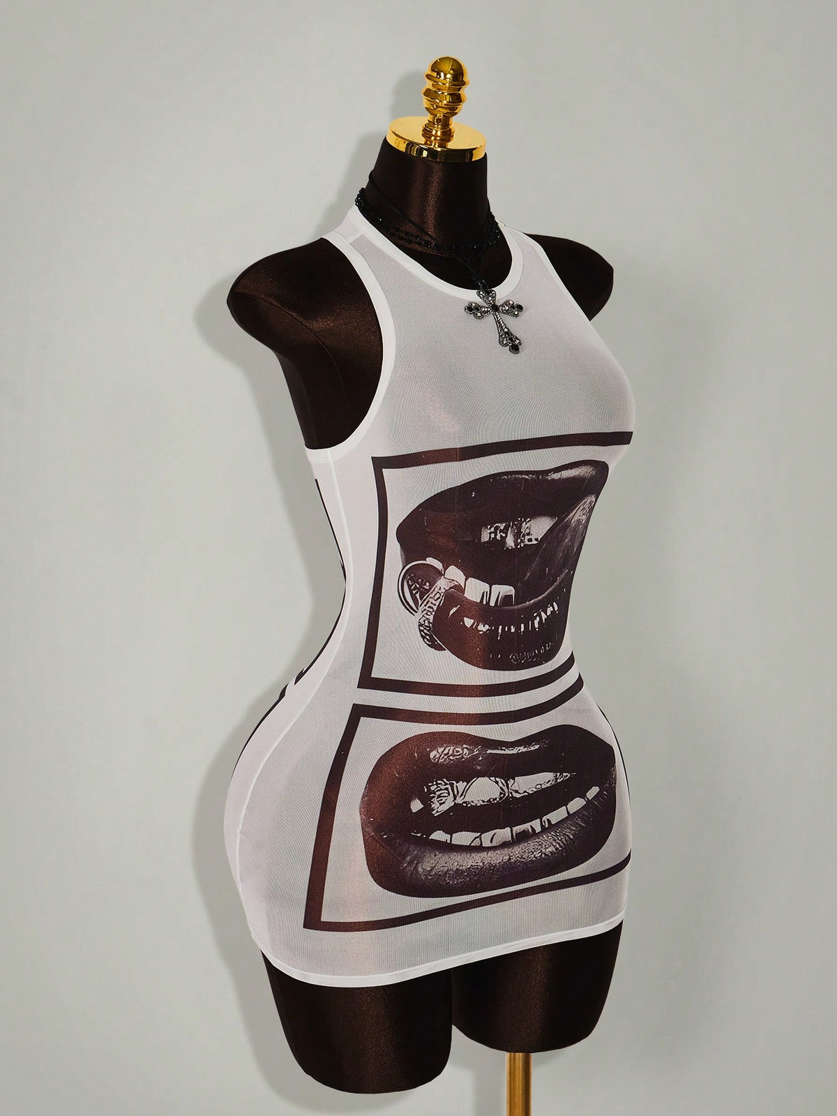Amplova Gyaru Style Sexy Rave Night Club Outfits Festival Rave Outfits Festival Lip Print Sheer Bodycon Mini Dress White And Black Summer