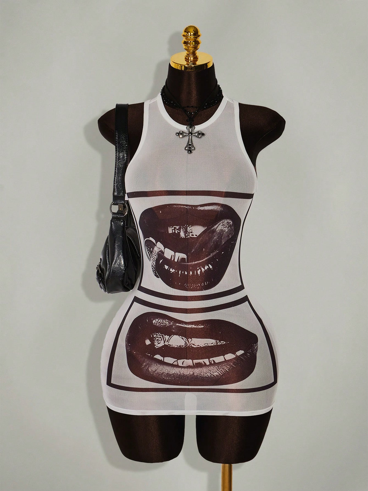 Amplova Gyaru Style Sexy Rave Night Club Outfits Festival Rave Outfits Festival Lip Print Sheer Bodycon Mini Dress White And Black Summer