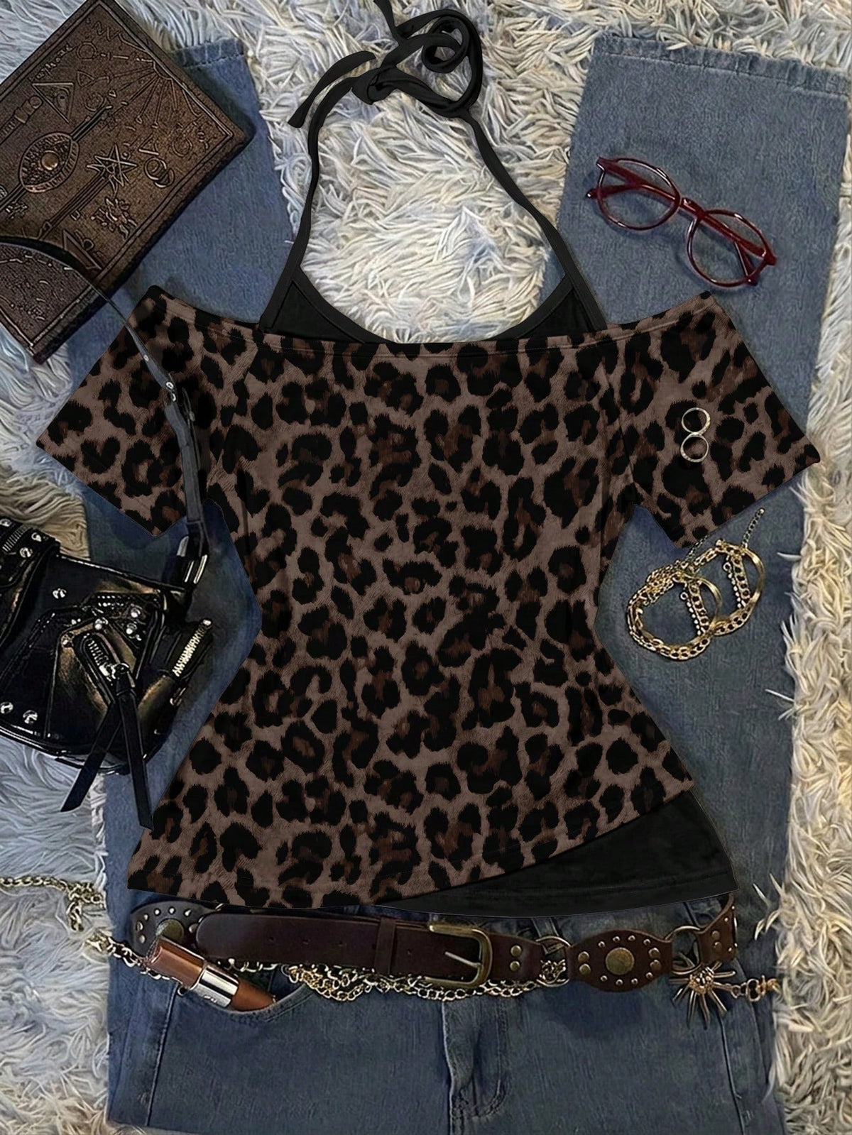 Attitoon Brown Leopard Print Contrast Black T-Shirt,Brown Checkered,Summer,Chic,Club,Vintage Y2K Coconut Girl Boho Music Festival Minimalist Retro Style