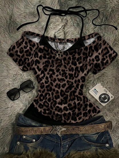 Attitoon Brown Leopard Print Contrast Black T-Shirt,Brown Checkered,Summer,Chic,Club,Vintage Y2K Coconut Girl Boho Music Festival Minimalist Retro Style