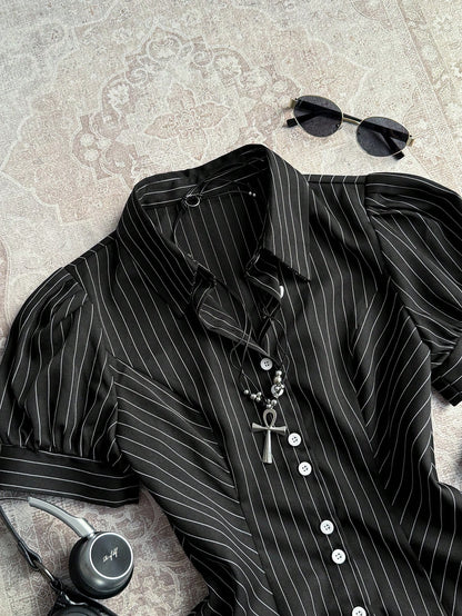Attitoon Casual Retro Punk Y2K Chic Black And White Striped Women Shirt,Summer Office Versatile Stand Collar Button Puff Sleeve Fitted Top For Outings