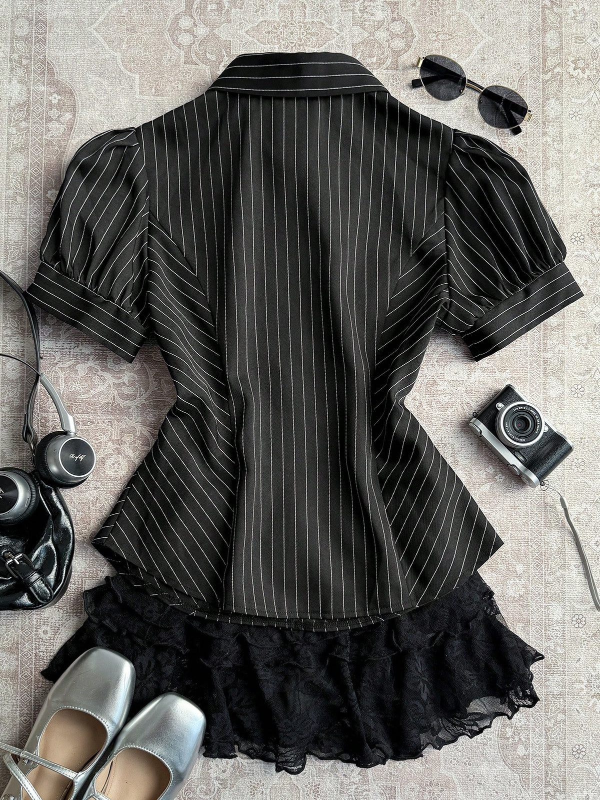 Attitoon Casual Retro Punk Y2K Chic Black And White Striped Women Shirt,Summer Office Versatile Stand Collar Button Puff Sleeve Fitted Top For Outings