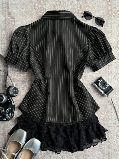 Attitoon Casual Retro Punk Y2K Chic Black And White Striped Women Shirt,Summer Office Versatile Stand Collar Button Puff Sleeve Fitted Top For Outings