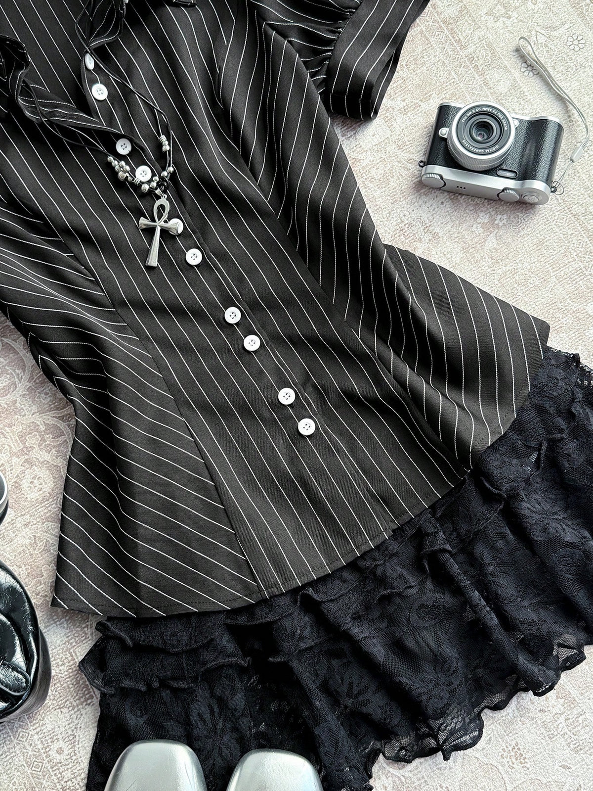 Attitoon Casual Retro Punk Y2K Chic Black And White Striped Women Shirt,Summer Office Versatile Stand Collar Button Puff Sleeve Fitted Top For Outings