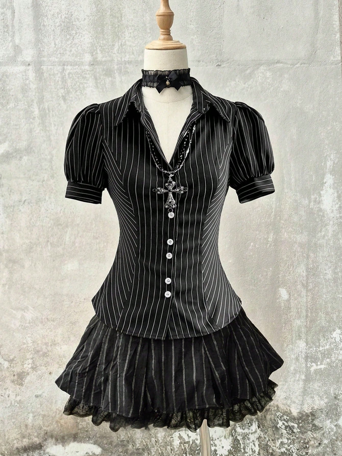 Attitoon Casual Retro Punk Y2K Chic Black And White Striped Women Shirt,Summer Office Versatile Stand Collar Button Puff Sleeve Fitted Top For Outings