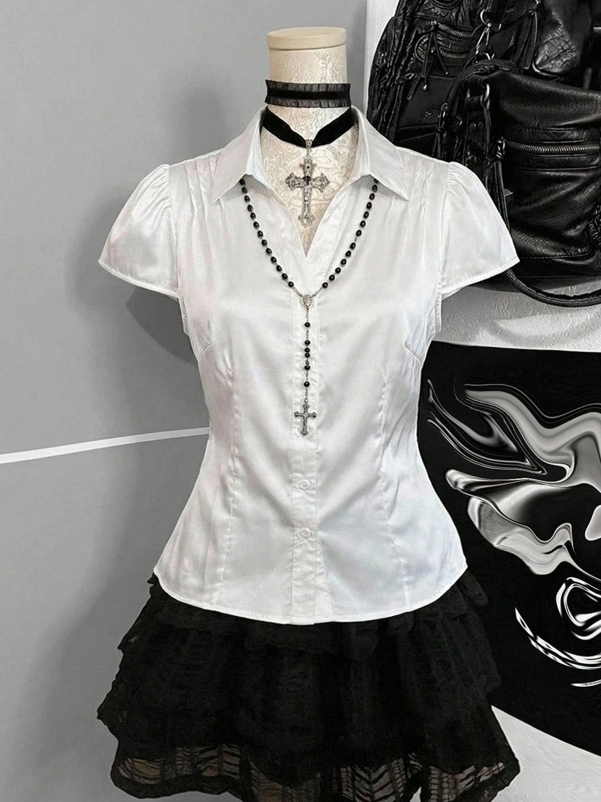 Attitoon Women's Spring/Summer Breathable Slim Fit Shirt, Short Sleeve Collared Button Down, Versatile Top