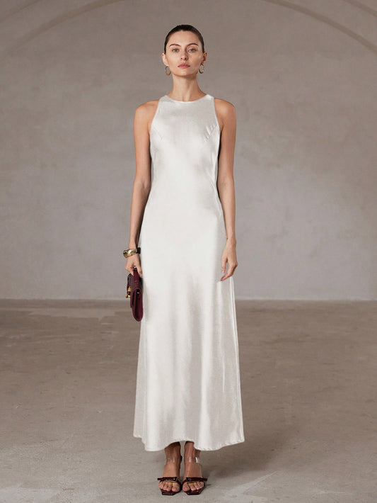 Aveloria Modichic Minimalist Elegant Asymmetric Hem Double-Sided Satin-Like Acetate Fabric A-Line Sleeveless Dress For Women