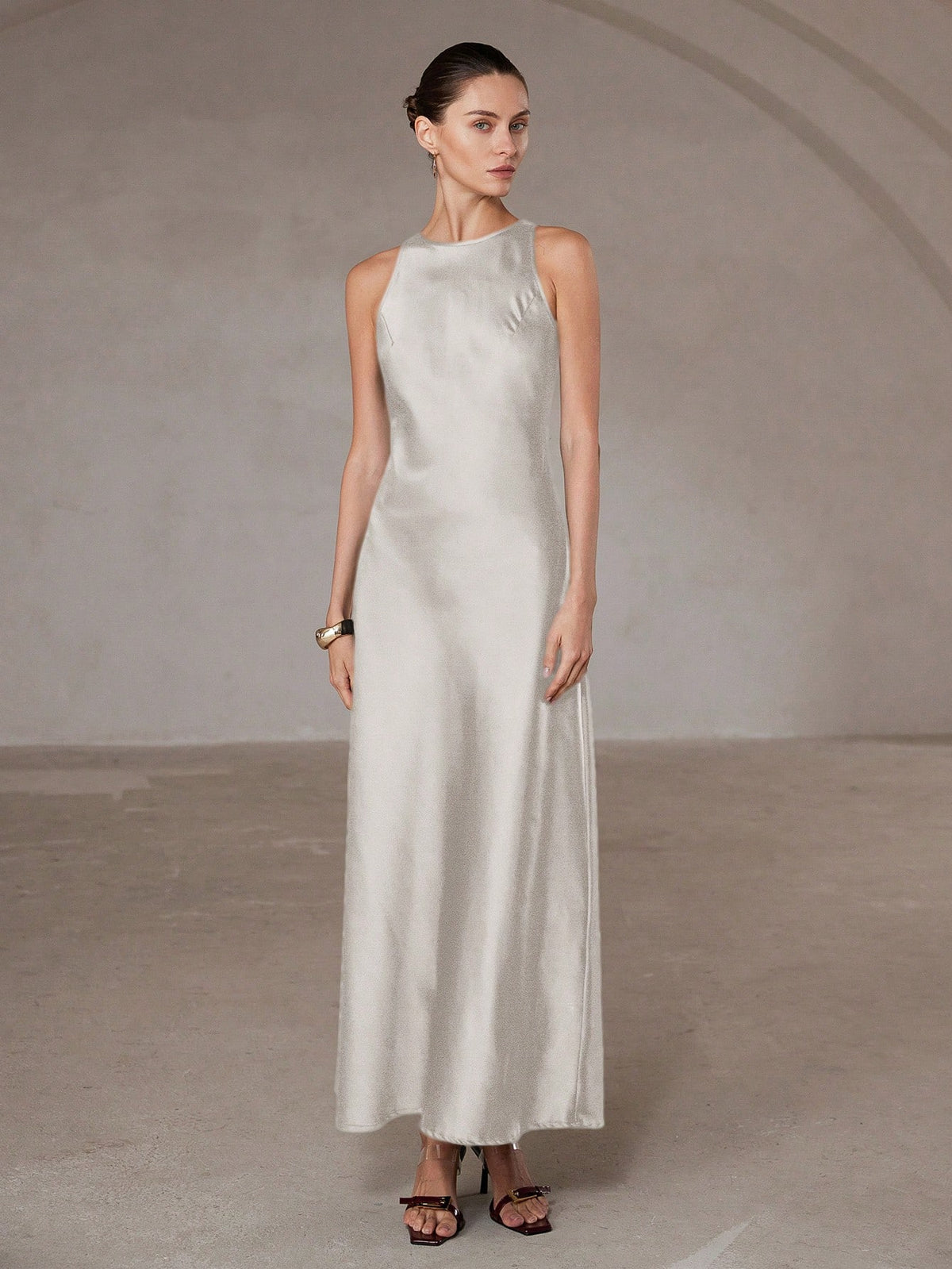 Aveloria Modichic Minimalist Elegant Asymmetric Hem Double-Sided Satin-Like Acetate Fabric A-Line Sleeveless Dress For Women