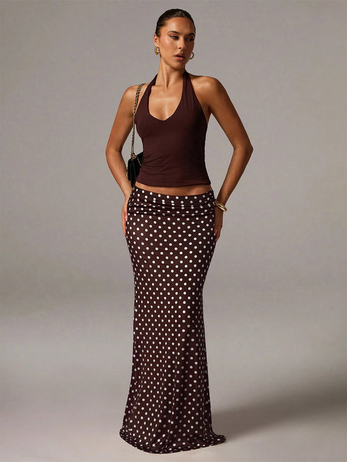 Avenya Elegant Brown And White Polka Dot Knitted Mermaid Skirt With Geometric Ruched Detailing Long Length Day Party Autumn