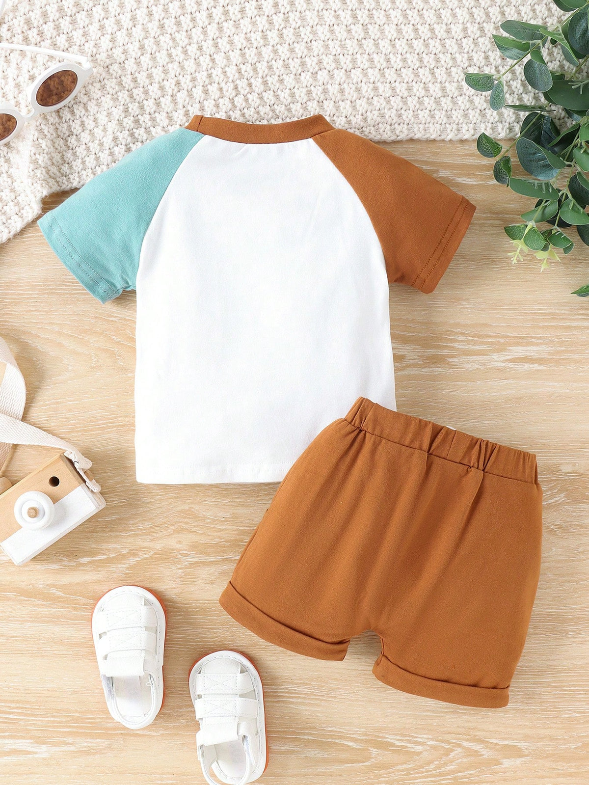 Baby Boy's Letter Print T-Shirt With Pocket And Shorts Set, Spring/Summer