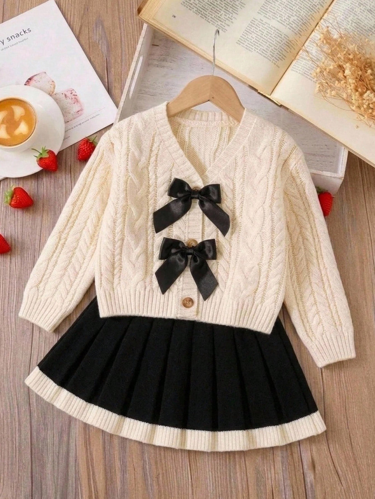 Baby Girl Beige Knitted Solid Color Casual Oversized Bow Autumn Winter Cardigan