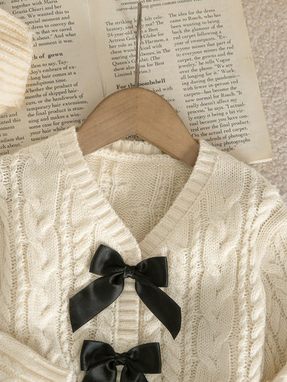 Baby Girl Beige Knitted Solid Color Casual Oversized Bow Autumn Winter Cardigan