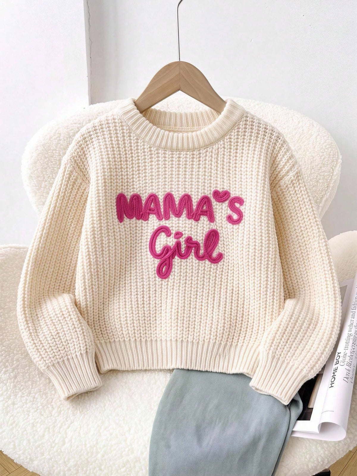 Baby Girl Knit Solid Color Letter Pattern Round Neck Loose Casual Winter Sweater Cute Baby Fairy Sweater Family Matching Pastel White Autumn