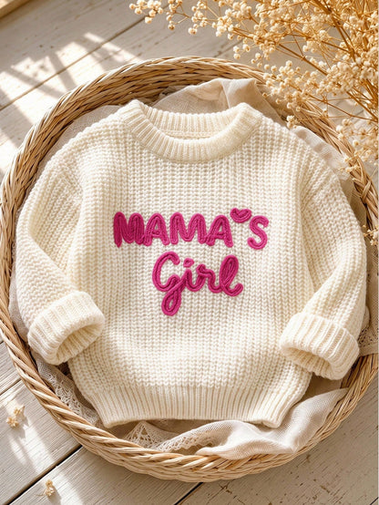 Baby Girl Knit Solid Color Letter Pattern Round Neck Loose Casual Winter Sweater Cute Baby Fairy Sweater Family Matching Pastel White Autumn