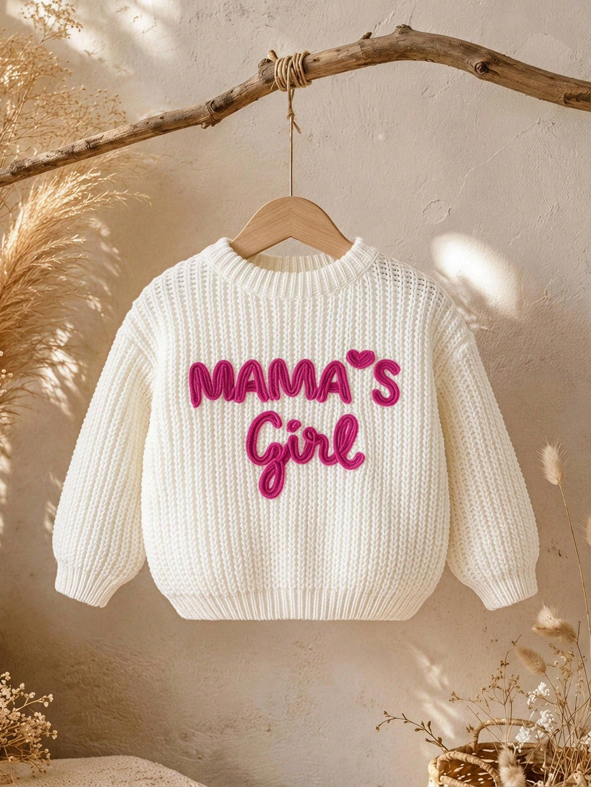 Baby Girl Knit Solid Color Letter Pattern Round Neck Loose Casual Winter Sweater Cute Baby Fairy Sweater Family Matching Pastel White Autumn