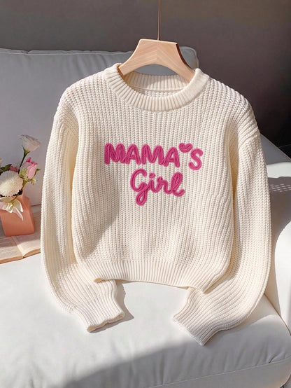 Baby Girl Knit Solid Color Letter Pattern Round Neck Loose Casual Winter Sweater Cute Baby Fairy Sweater Family Matching Pastel White Autumn