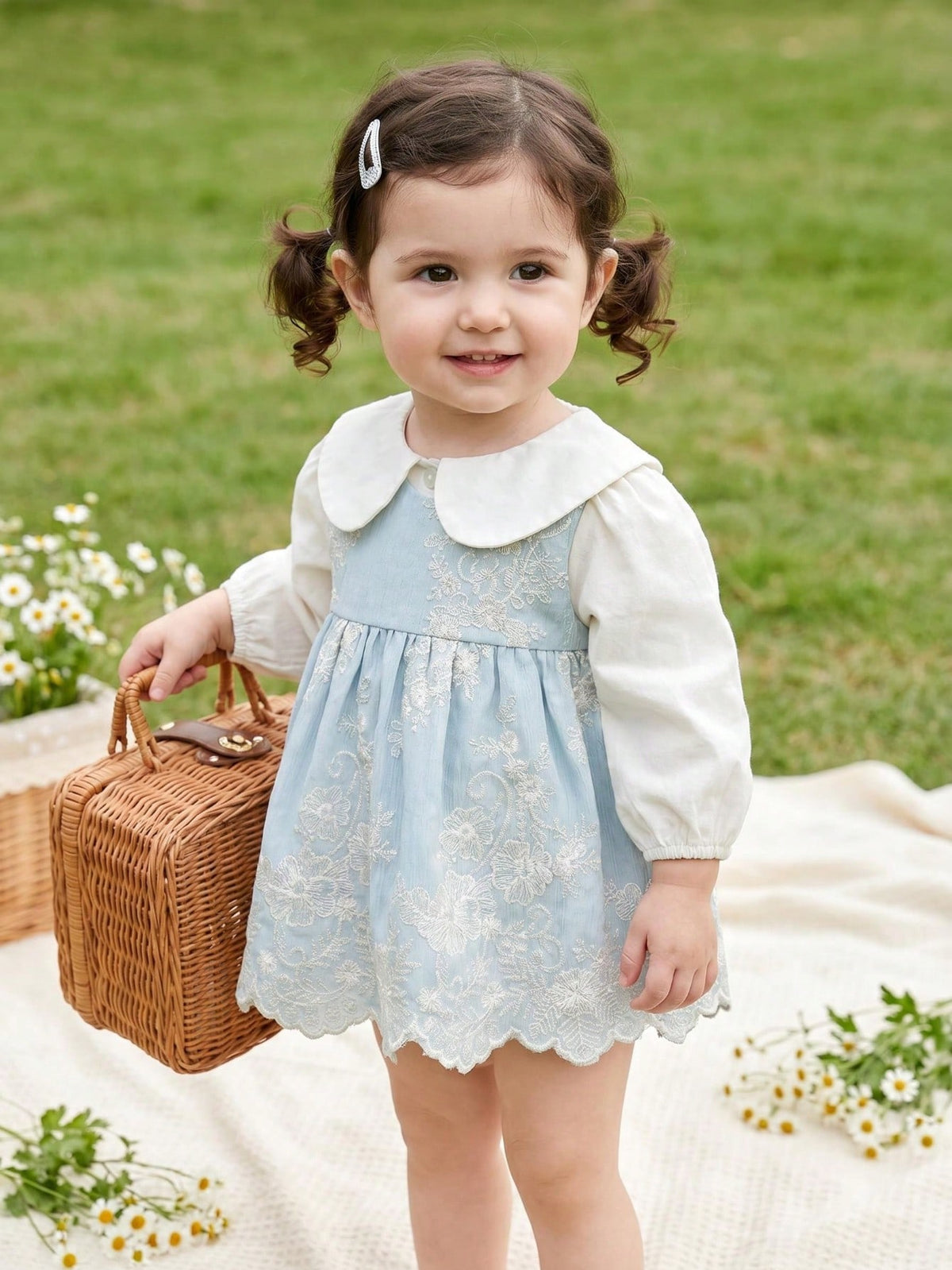 Baby Spring/Autumn New Solid Color Long Sleeve Bodysuit, Light Blue Lace Embroidered Peter Pan Collar 2-Piece Set, Baby Girl Crawler