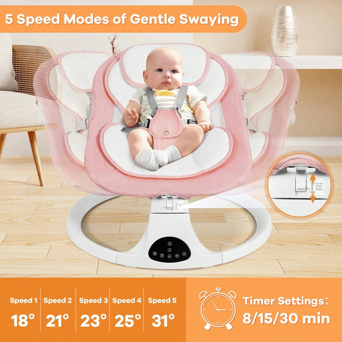 Baby Swing, Newborn Bouncer, Electric Cradle With Music Speaker, 3 Seat Positions, 5 Speed Settings, Remote Control, Dual Power Supply