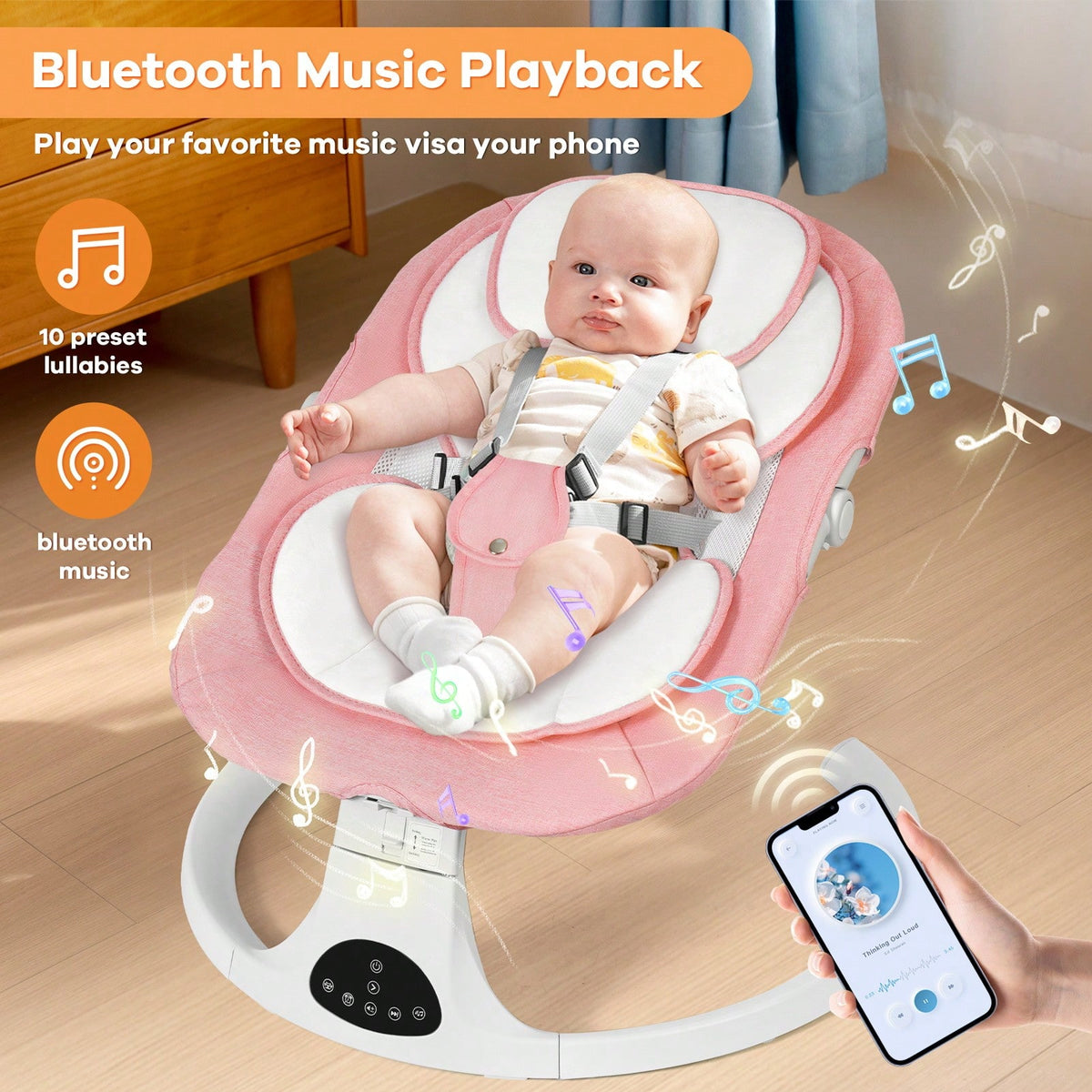Baby Swing, Newborn Bouncer, Electric Cradle With Music Speaker, 3 Seat Positions, 5 Speed Settings, Remote Control, Dual Power Supply