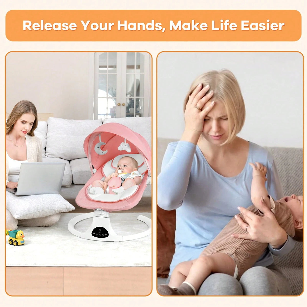 Baby Swing, Newborn Bouncer, Electric Cradle With Music Speaker, 3 Seat Positions, 5 Speed Settings, Remote Control, Dual Power Supply